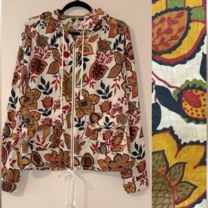Lucky Brand 100% Linen Floral Full Zip Hooded Jacket Size XL Boho Long Sleeve